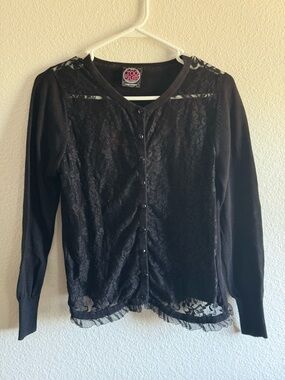 Vintage: Too Fast Black Lace Button-Front Cardigan with Ruffle Hem